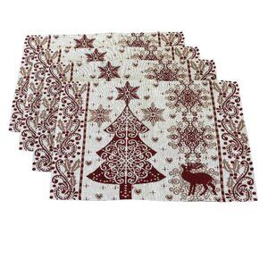 Set 4 Hallmark Placemats Christmas Tapestry Red Beige Tree Reindeer Snowflakes